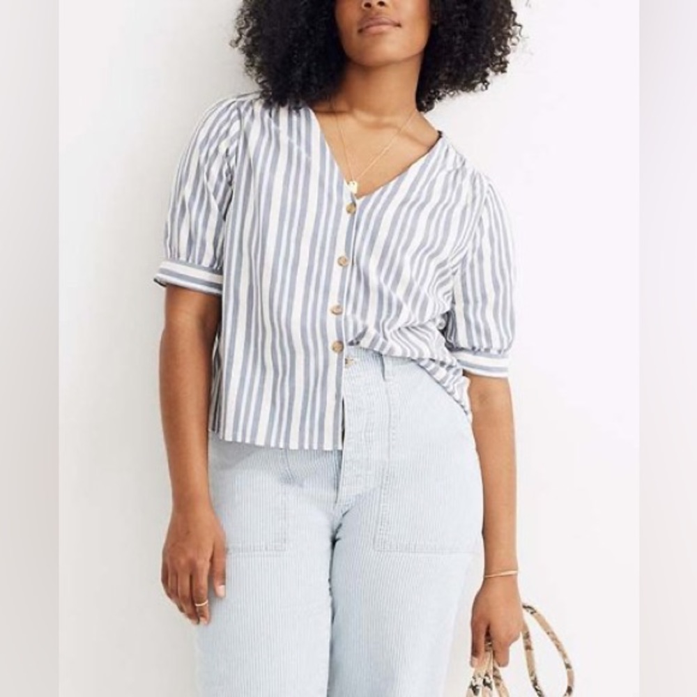 Madewell Blue and White Striped Button Front Blouse